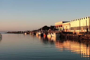 art deco fishing port buildings boats wharf 